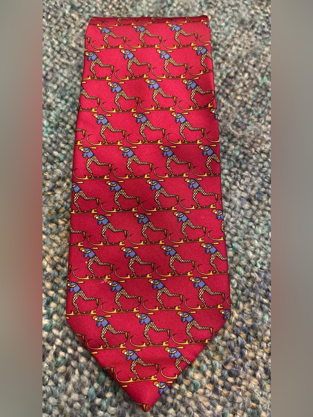 Salvatore Ferragamo Men's Red Tie with Skier Pattern. 100% Silk